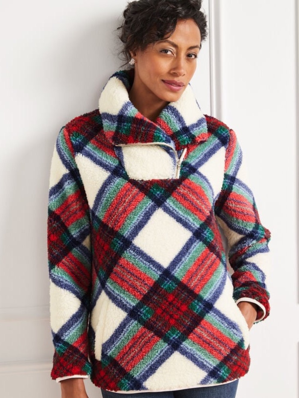 Talbots Ultra Plush Sherpa Fleece Shawl Zip Pullover in Plaid / Medium